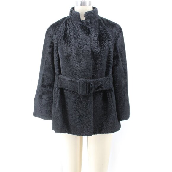 Vintage Jackets & Blazers - VTG 50s 60s Faux Fur Jacket Black Belted Satin Lined Stand Collar Swing Coat M
